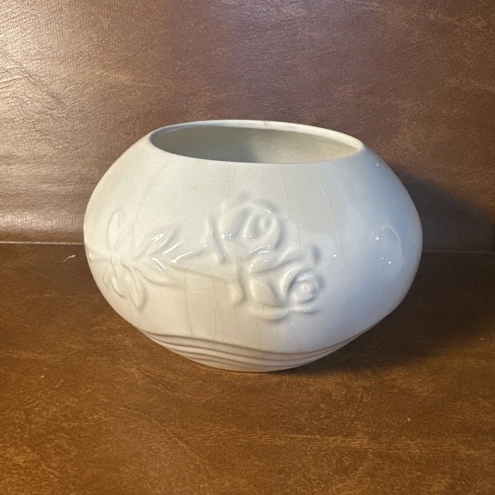 Vintage White Porcelain Embossed Flowers Bowl Vase Portugal 4.5X7